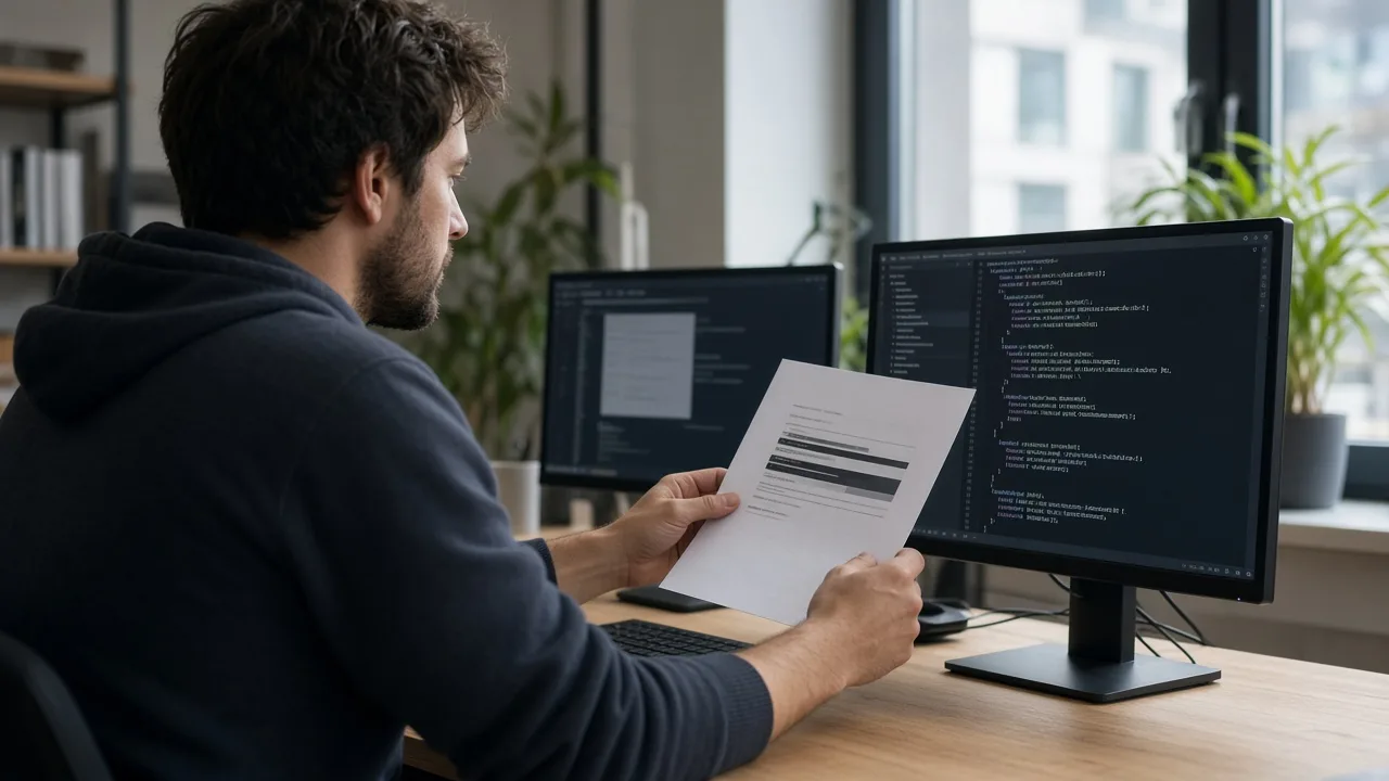 Developer placing a SKILL.md file next to a saved Search Analytics JSON export on a second screen
