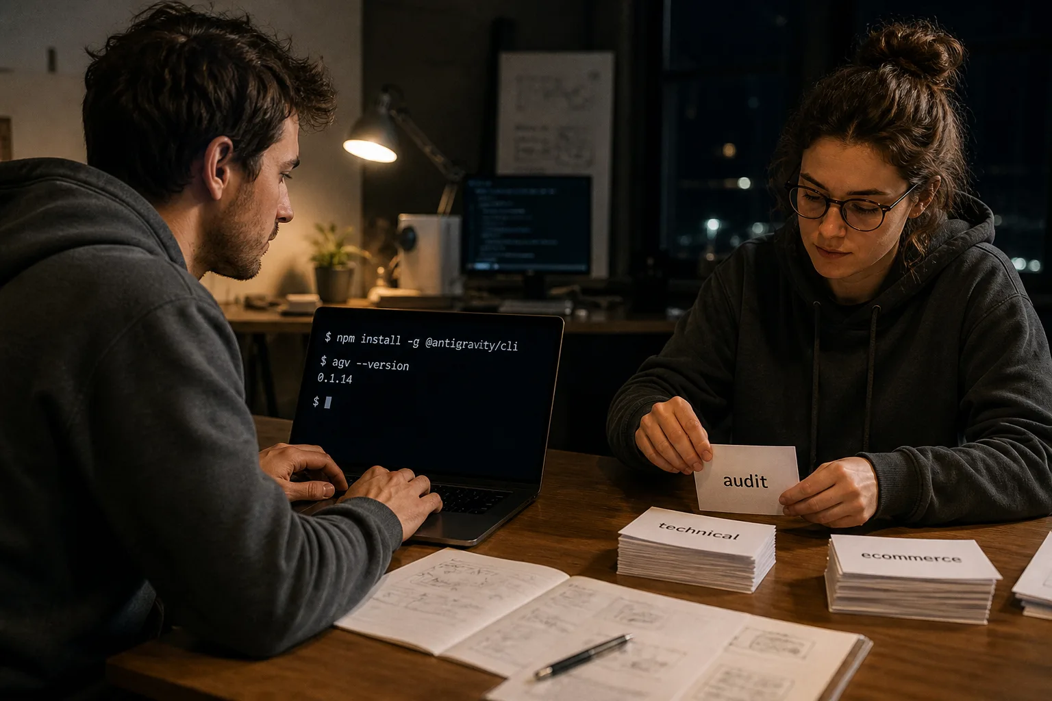 Two engineers sorting audit technical and ecommerce module cards while running a CLI install