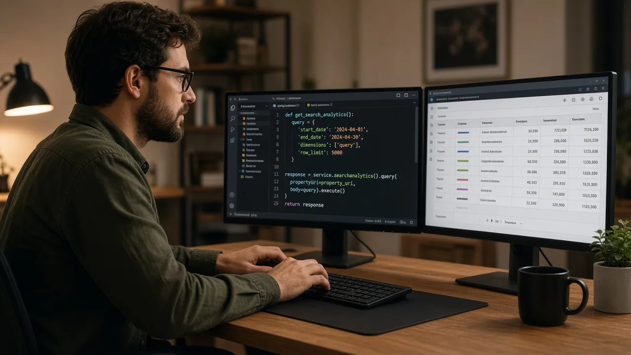 Engineer using a skill file to automate gsc api with antigravity beside a Search Analytics query response