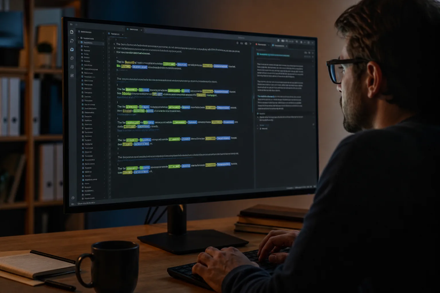 Writer highlighting subject-predicate-object triples in a Cline VS Code draft