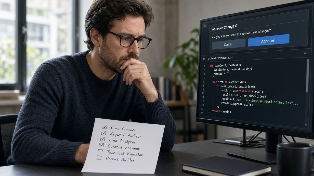 Developer approving a Cline file edit while a short skill list sits on the second screen