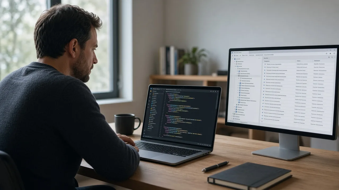 Specialist comparing rendered HTML on one screen with a URL Inspection panel on the other