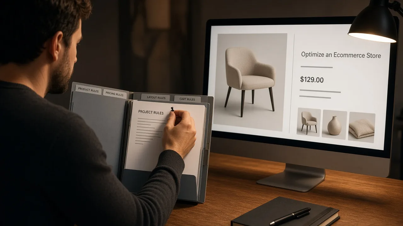 Engineer pinning Cursor project rules next to a product template that prints title price and availability in HTML