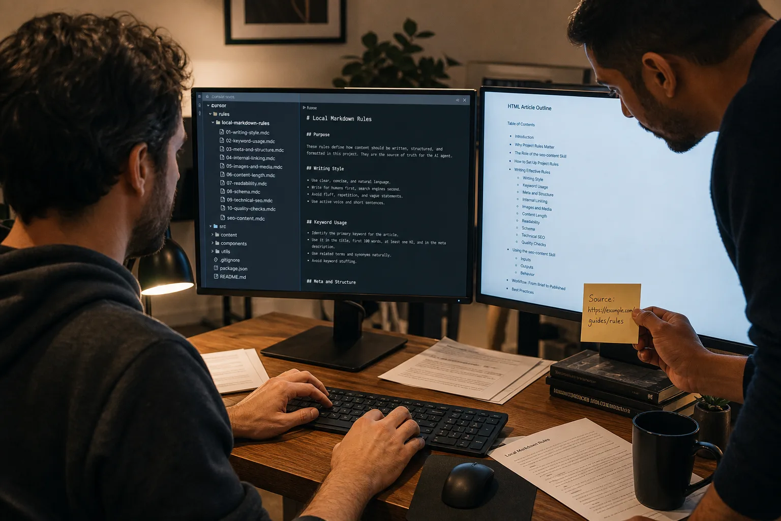 Developer reviewing .cursor/rules markdown files beside an HTML-first article draft on a second screen