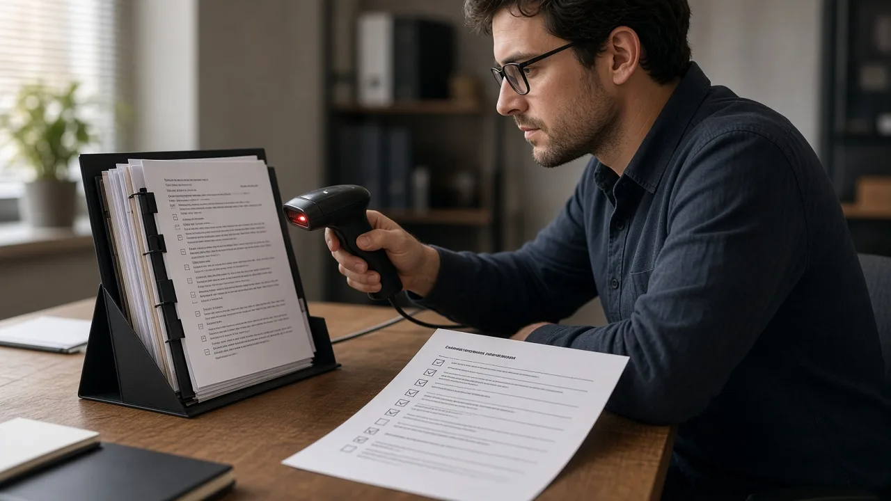 Engineer scanning a folder of Cursor mdc rule files next to a skill catalog checklist