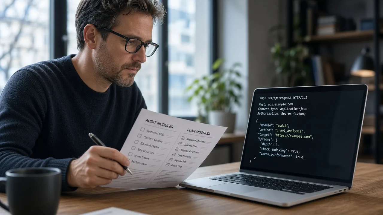 Specialist reviewing a short list of audit and plan modules beside a DeepSeek API request on a laptop