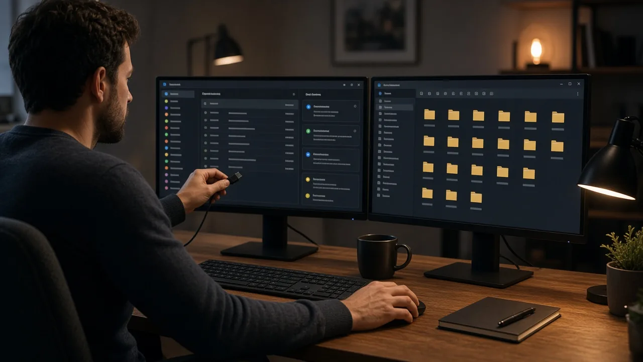 Engineer connecting deepseek seo tools through an API console to a local audit folder on a second screen