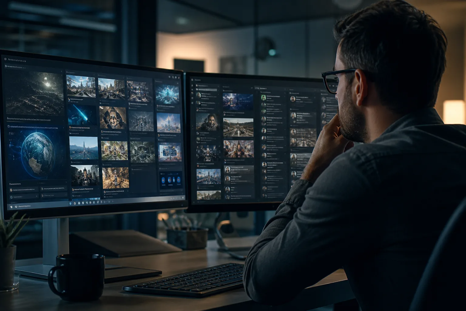 Engineer comparing Grok web search retrieval with X search retrieval on dual monitors without brand logos
