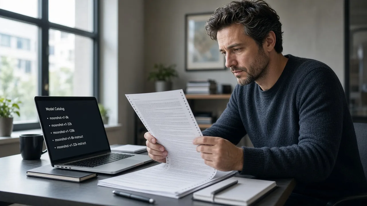 Specialist reviewing a long audit printout next to a model name list on a laptop