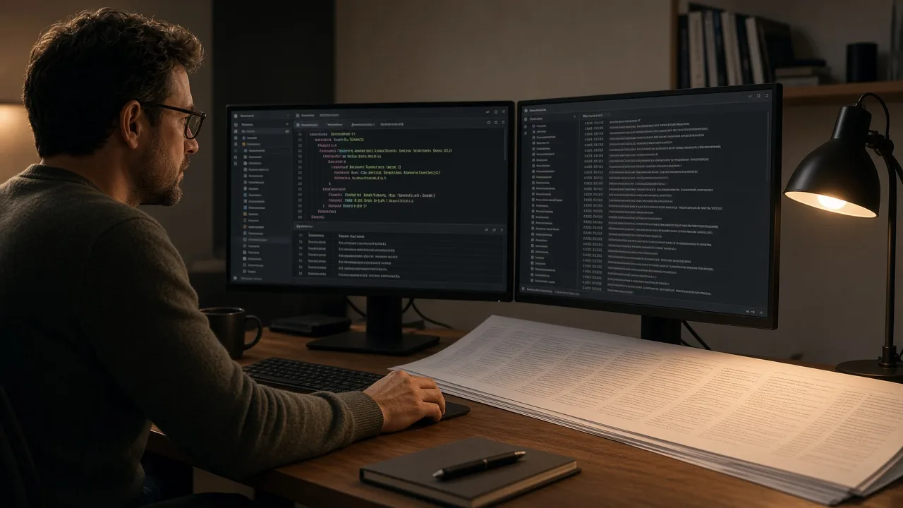 Engineer wiring kimi seo tools through an API client beside a long audit file on a second screen