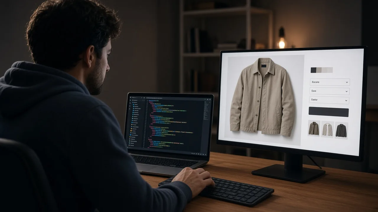 Developer using Cursor to optimize ecommerce store with cursor by editing a product page template beside a live HTML preview