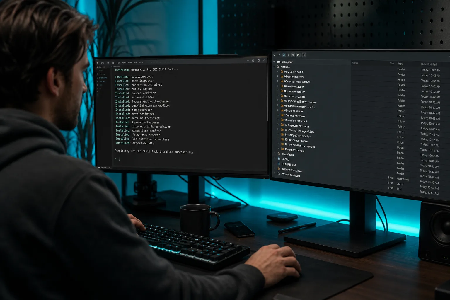 Developer running a terminal SEO skill catalog beside a second monitor listing citation-audit modules