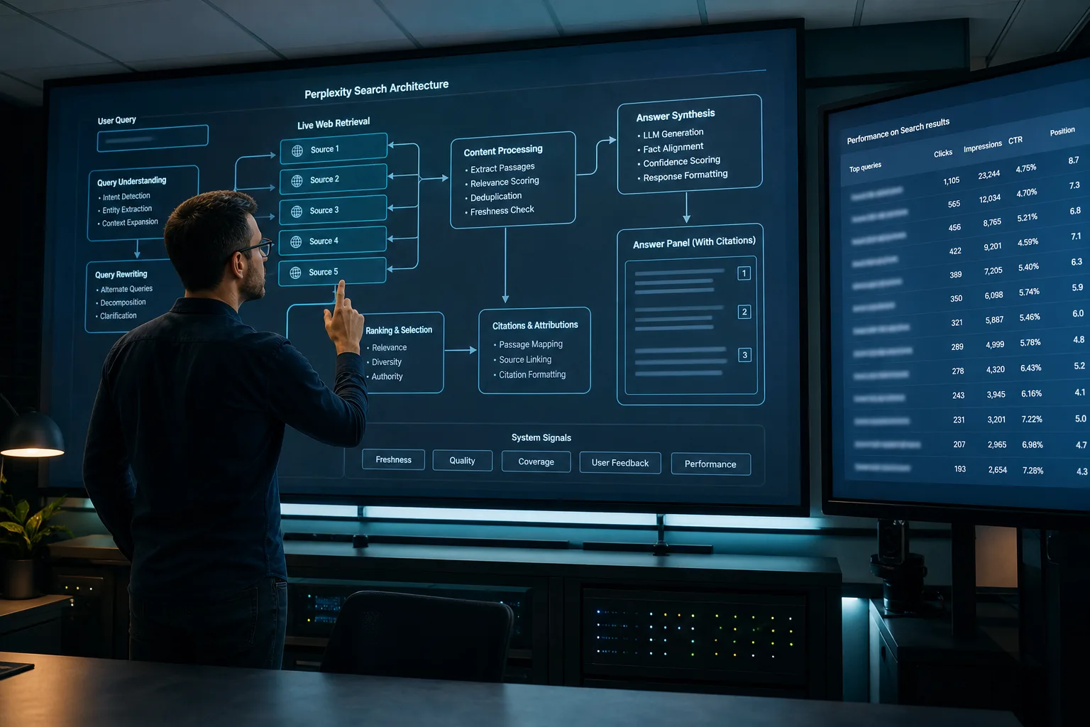 SEO engineer mapping perplexity seo citation flow from live web retrieval into an answer panel beside Search Console query rows