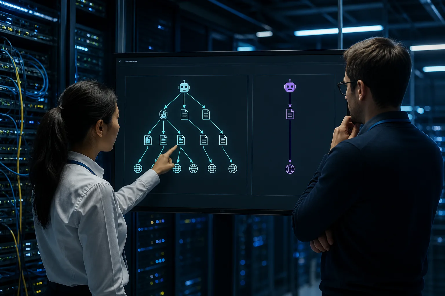 Two engineers comparing an indexing crawler path with a user-requested page fetch on a server-room monitor