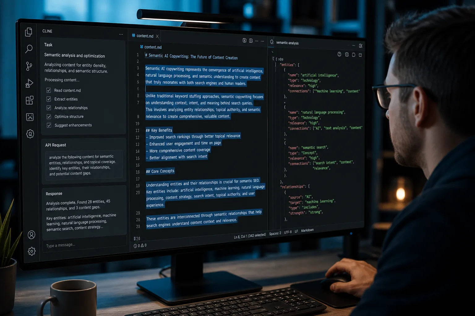 Writer using Cline in VS Code to produce semantic cline entity-dense markdown