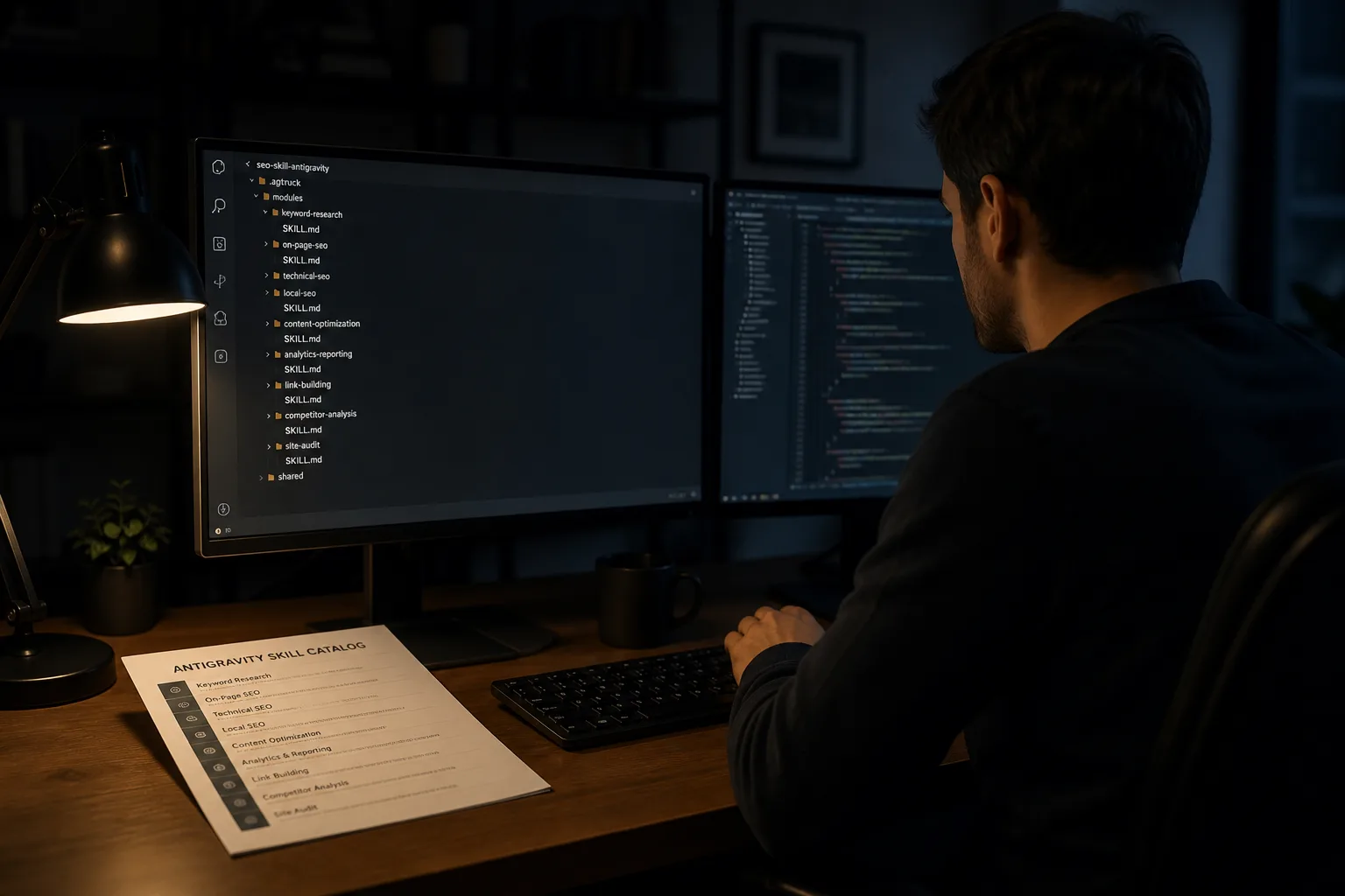Developer opening SKILL.md folders on dual monitors for an seo skill for antigravity catalog