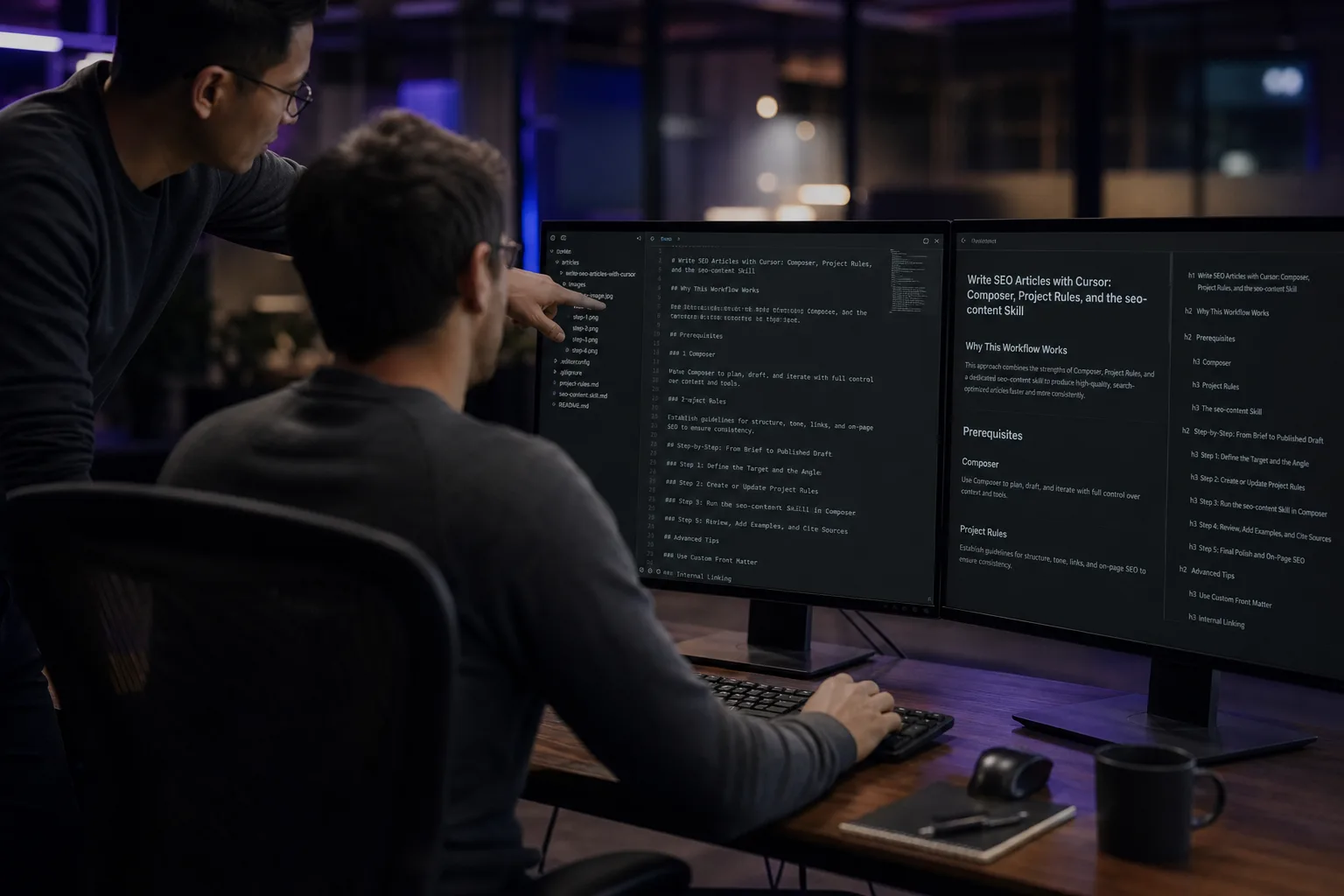 Engineer at a dual-monitor desk using Cursor Agent to write seo articles with cursor into a markdown file, not a chat pane
