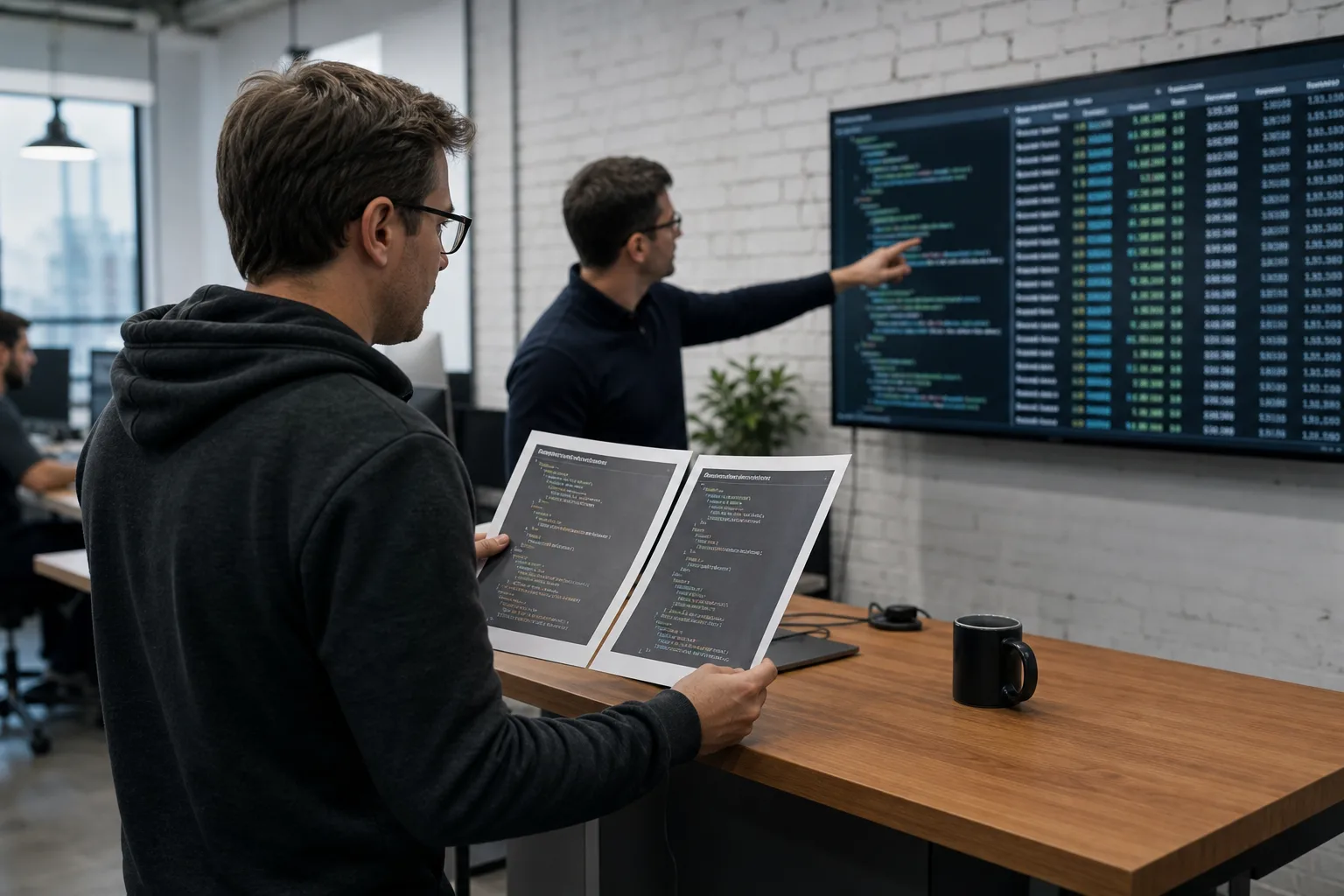 Developer comparing two MCP client config printouts next to a live SERP data terminal