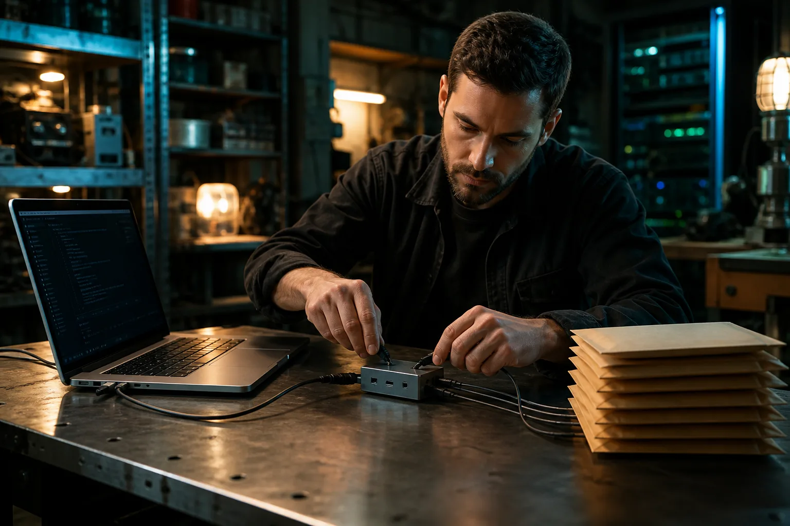 Engineer wiring an adapter between an AI coding laptop and API credential envelopes for an MCP SEO tool
