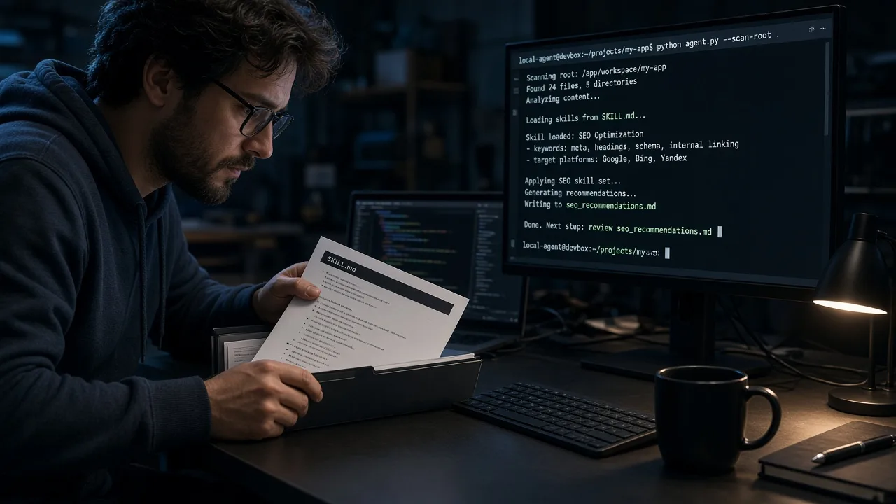 Engineer filing deepseek harness seo skills into a local .dsh/skills folder beside a running terminal