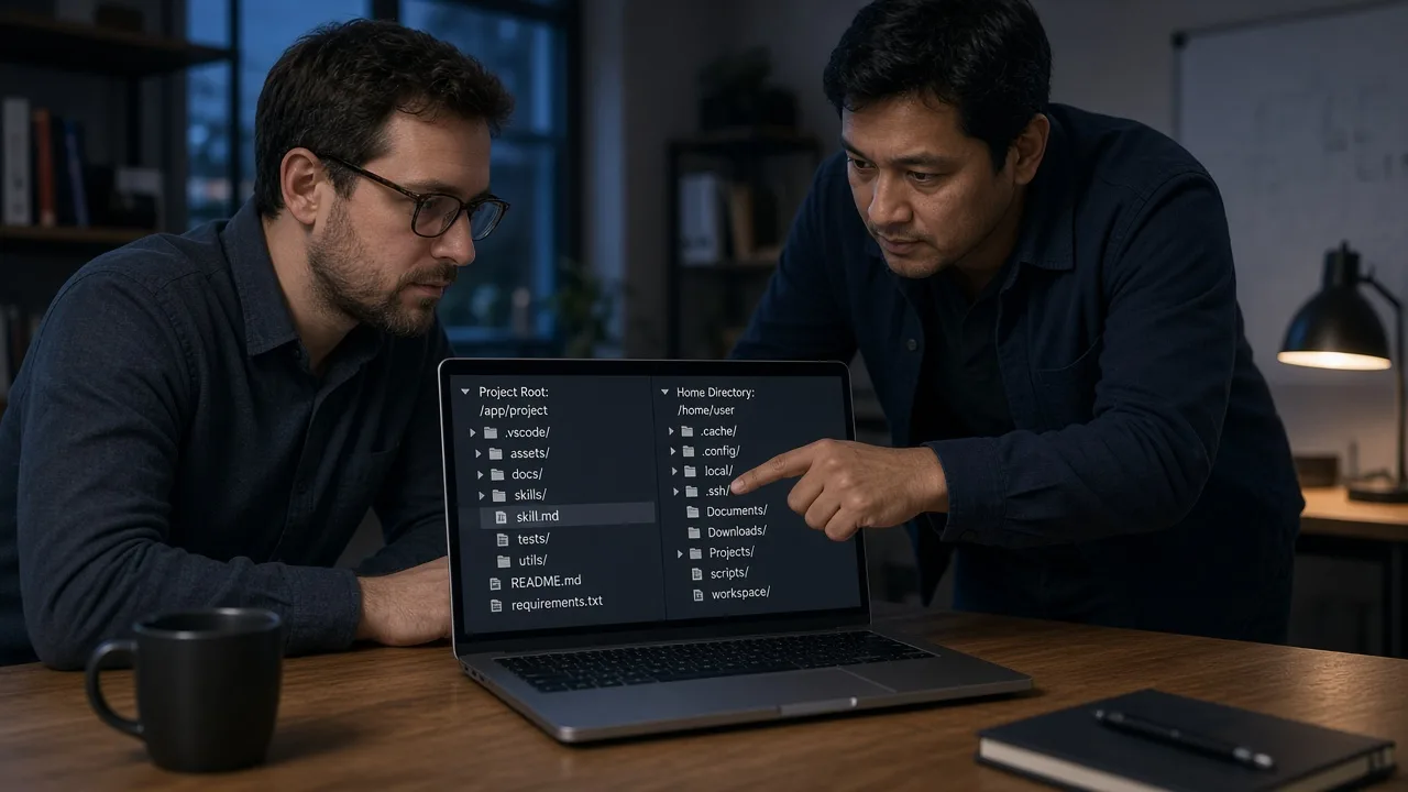 Two engineers comparing a project skill folder with a home skill folder on a laptop