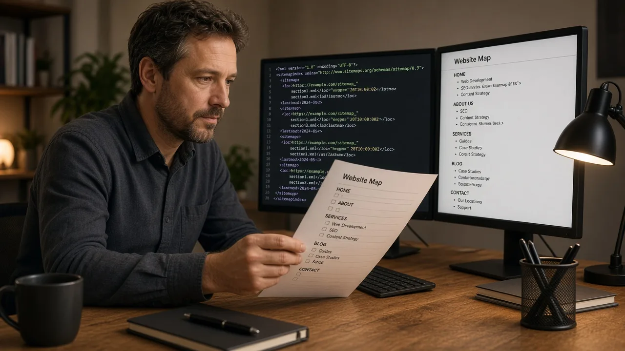 Engineer reviewing an ai sitemap optimization agent split between an XML sitemap index and a categorized HTML map
