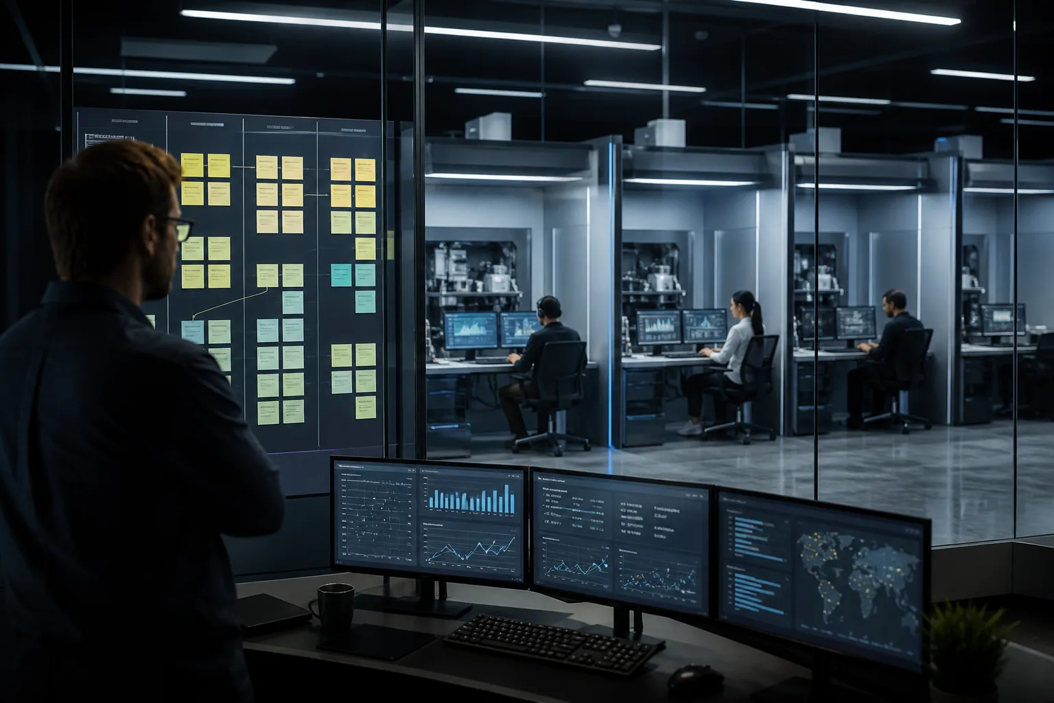 Engineer watching audit schema and content tasks assigned across lab stations in an autonomous seo dispatch loop