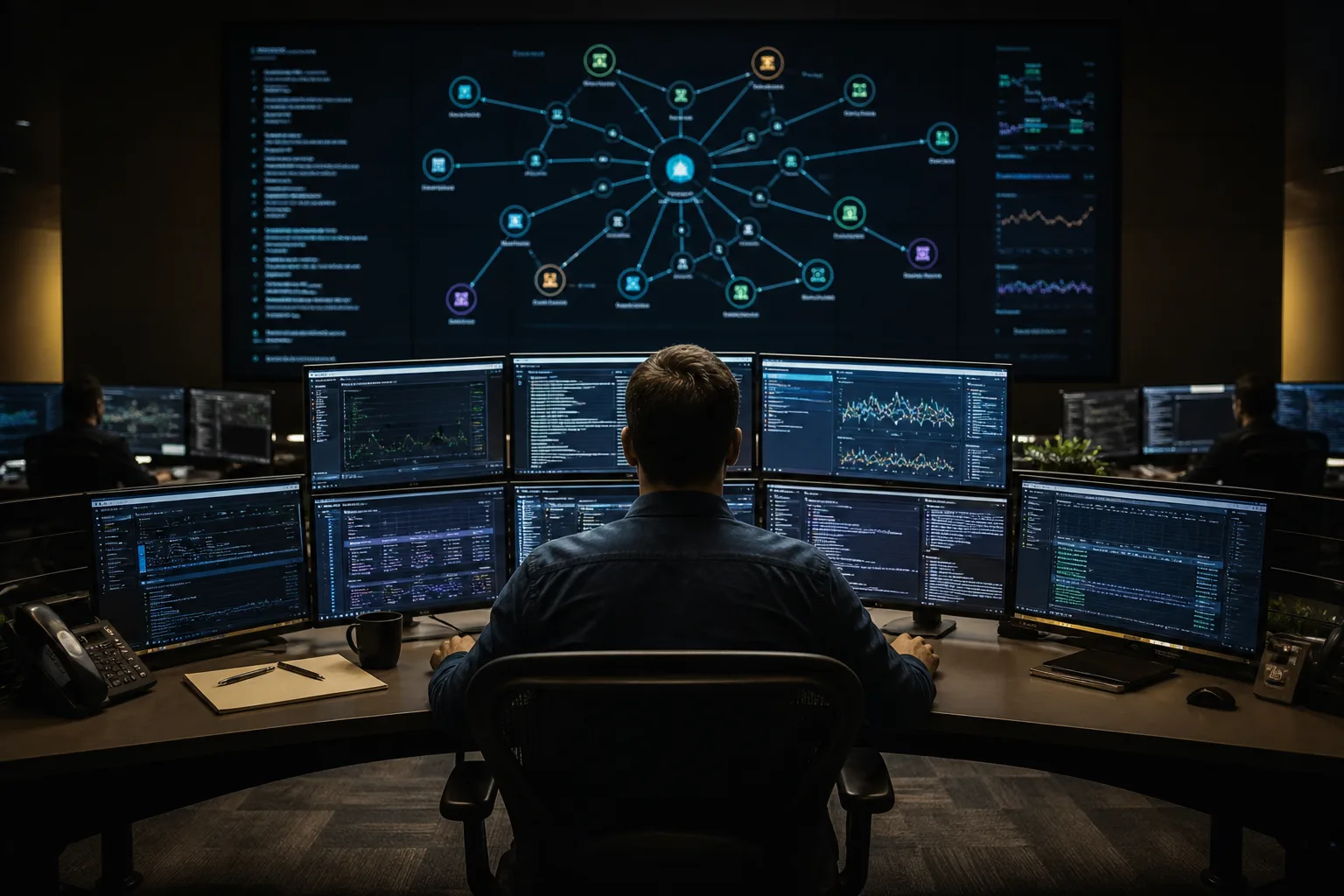 Engineer at a dispatch console routing autonomous seo tasks to specialist stations