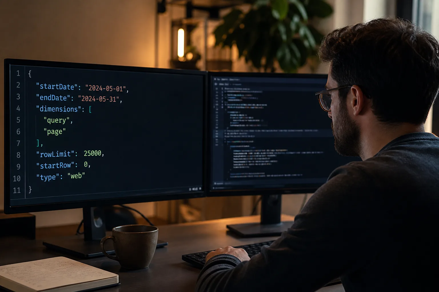 Engineer inspecting a Search Analytics JSON body with date range and query-page dimensions for Claude