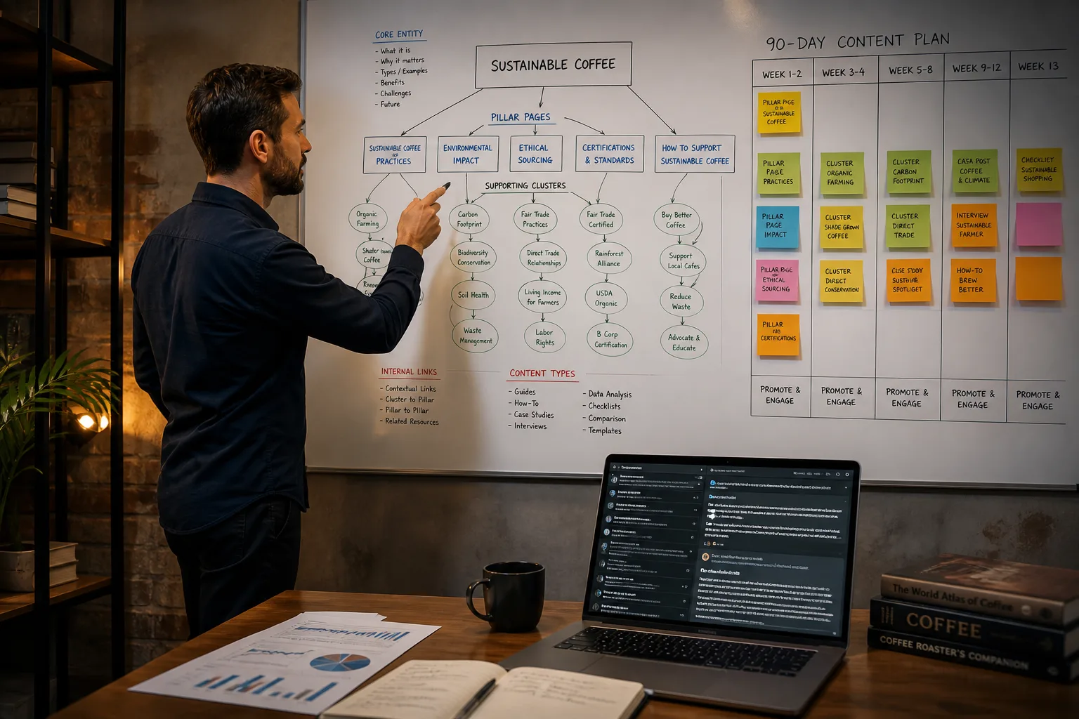 Strategist mapping a topical roadmap on a whiteboard to create seo plan using perplexity with live-cited research on a laptop
