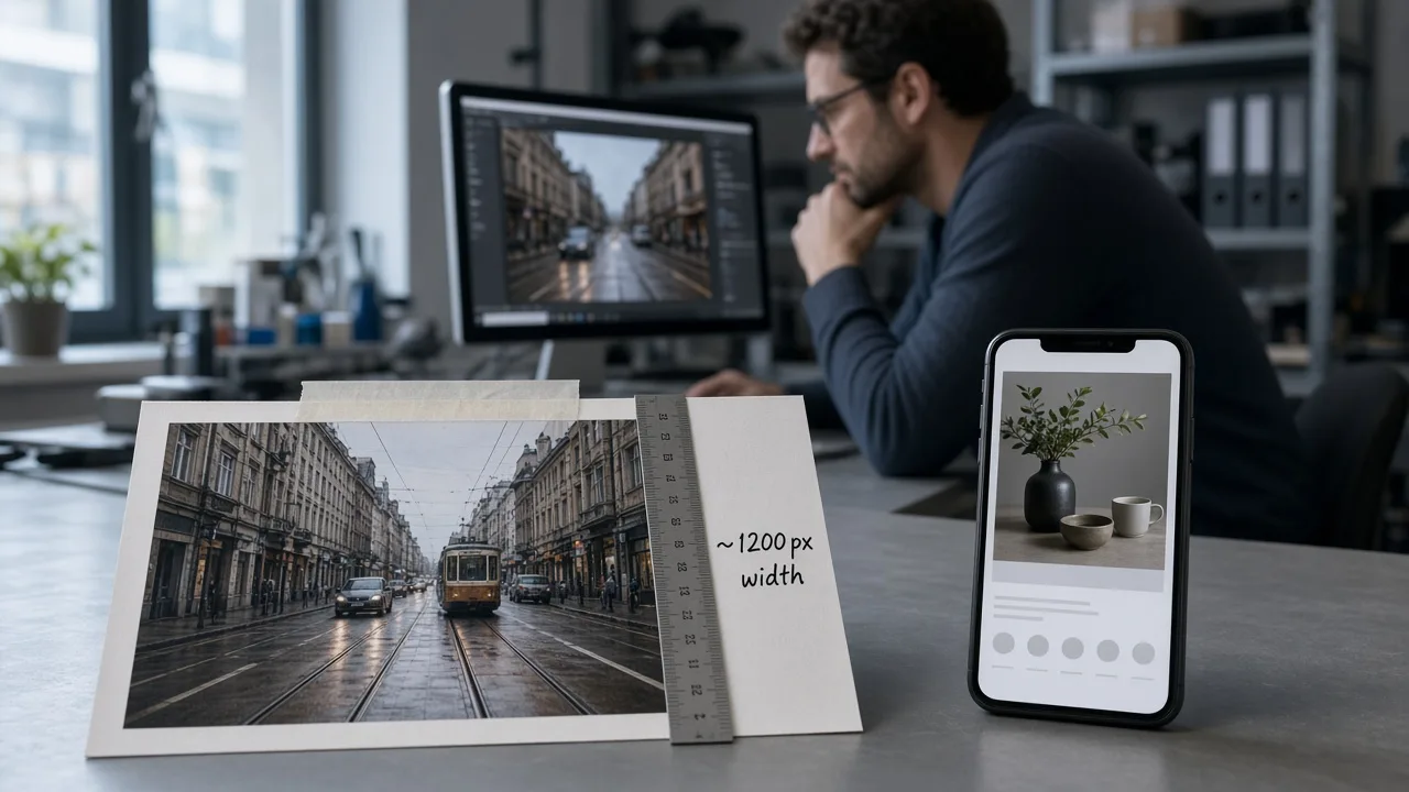 Printout of a 1200 by 675 landscape photo taped beside a phone showing a large Discover image preview