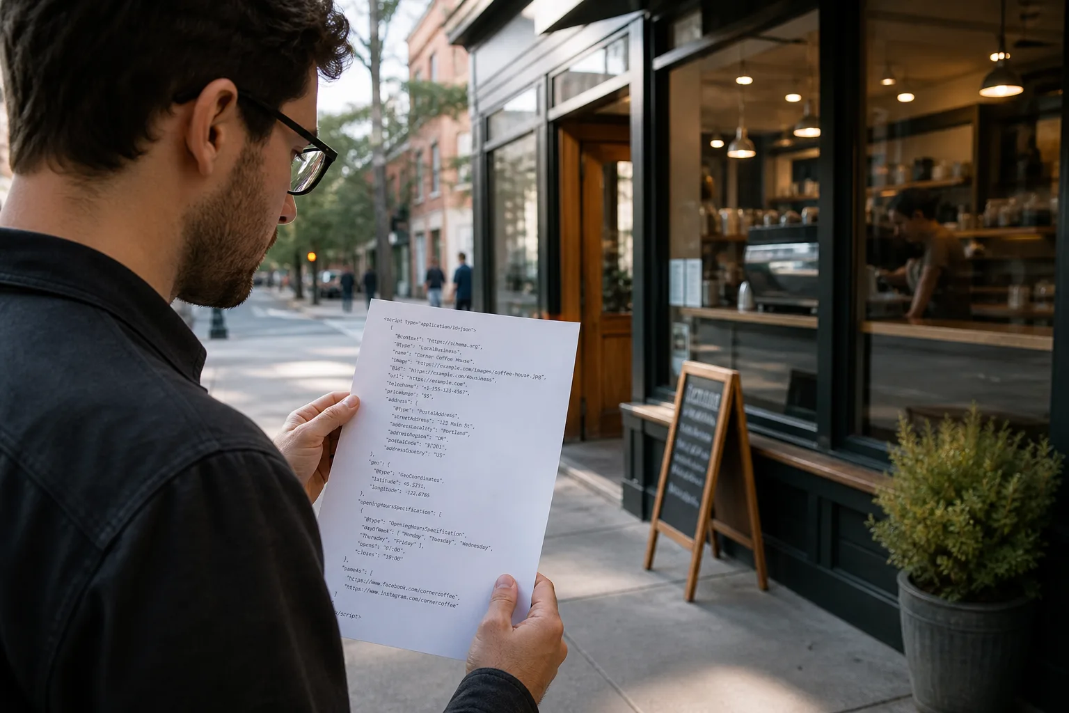 Developer reviewing LocalBusiness JSON-LD beside a storefront photo for map pack structured data
