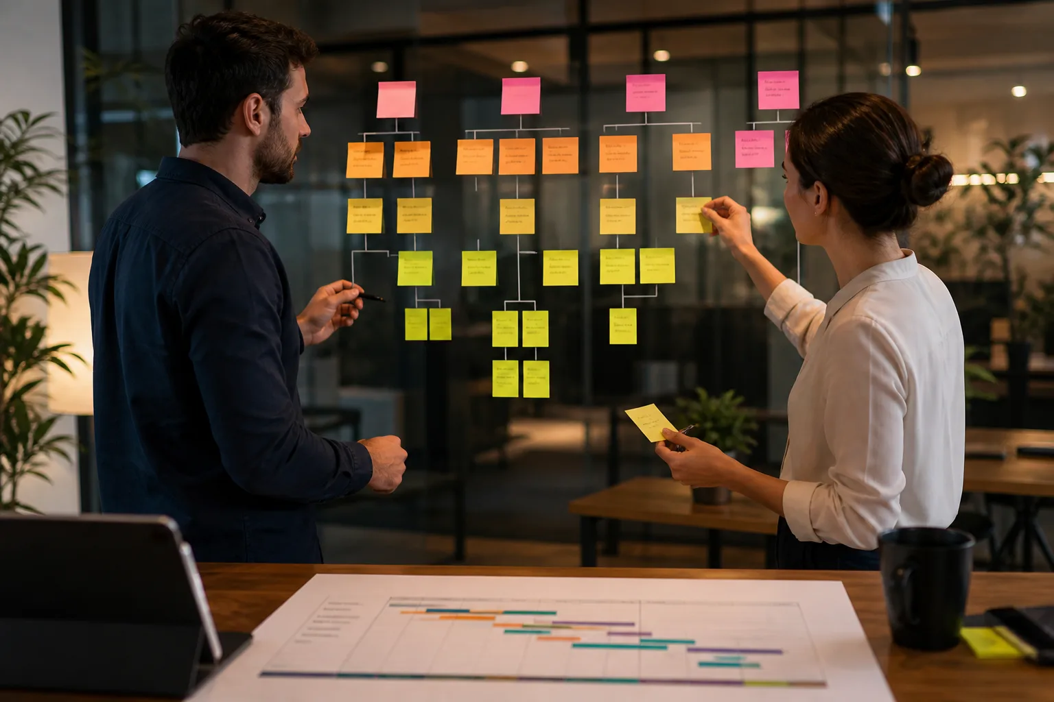 Analysts clustering parent and child entities on a glass wall beside a printed content Gantt chart