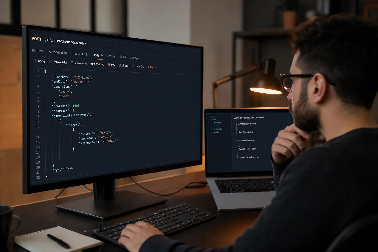 Backend engineer reviewing a Search Analytics request body with date range and query-page dimensions beside an OAuth token flow