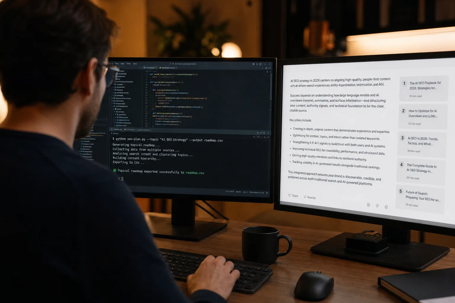 Developer exporting a CSV topical roadmap from a terminal while a second screen shows numbered research citations