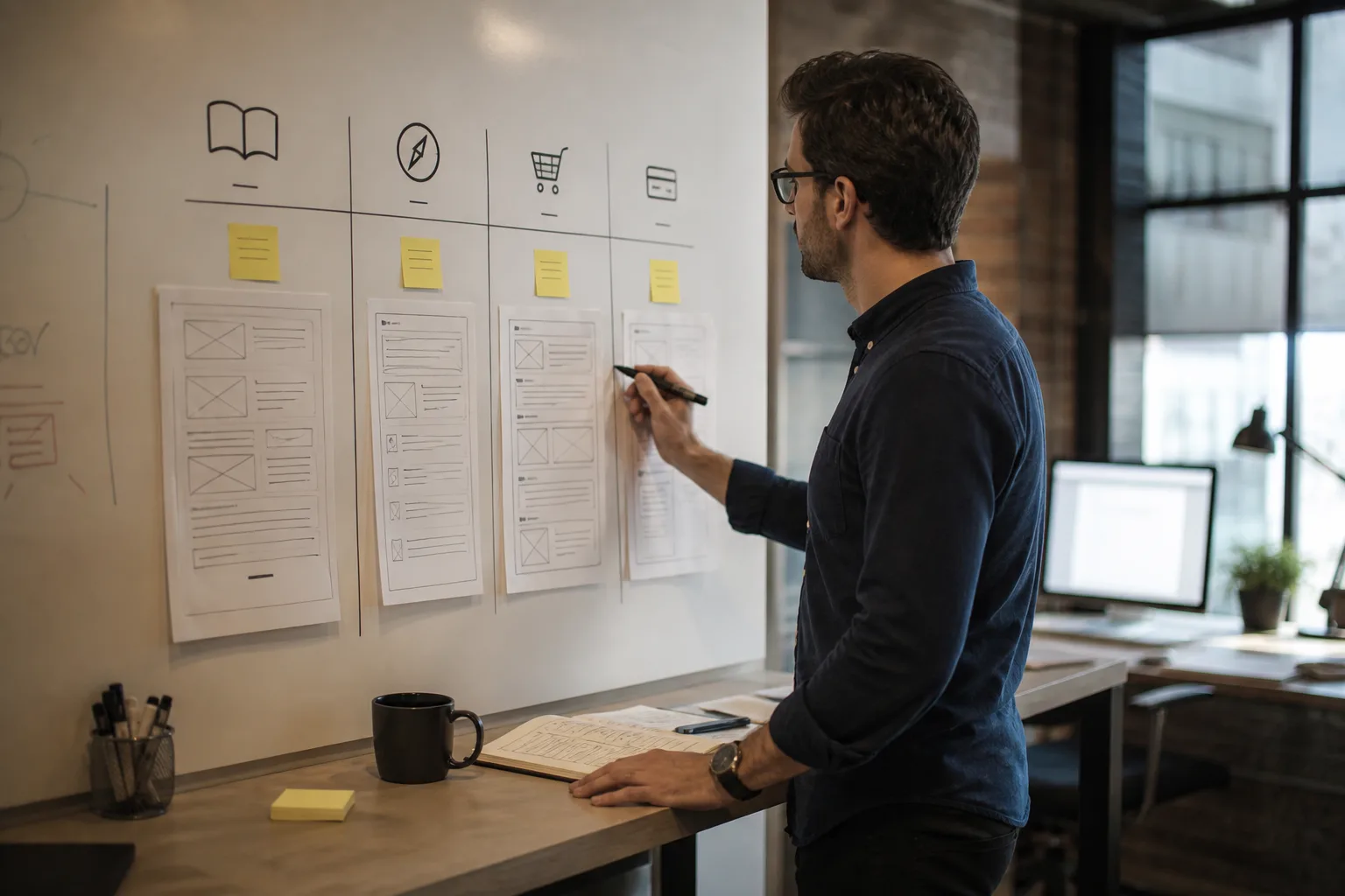Specialist mapping informational navigational commercial and transactional intent columns to paper wireframes