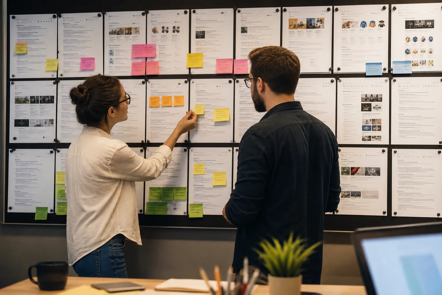 Researchers mapping sxo user intent from printed SERPs to above-the-fold landing page layouts on a studio wall
