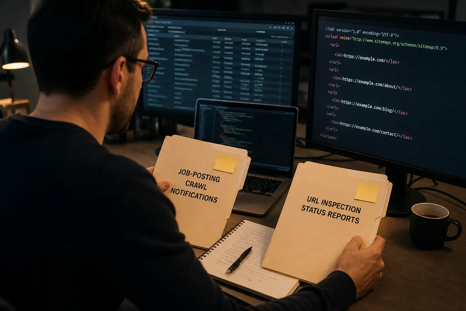 Technical SEO comparing job-posting notification folders with URL inspection status reports and a sitemap file on a third screen
