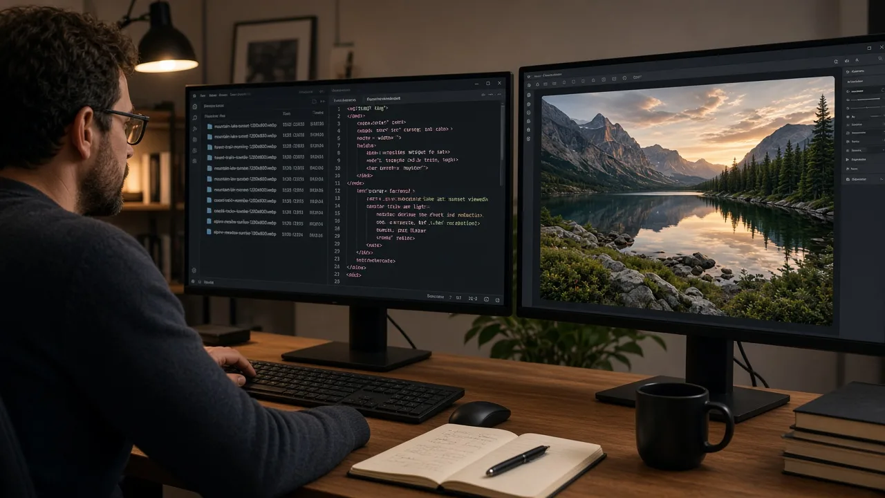 Engineer mapping visual semantic seo from WebP files and alt text on one monitor to a 16:9 Discover preview crop on the other