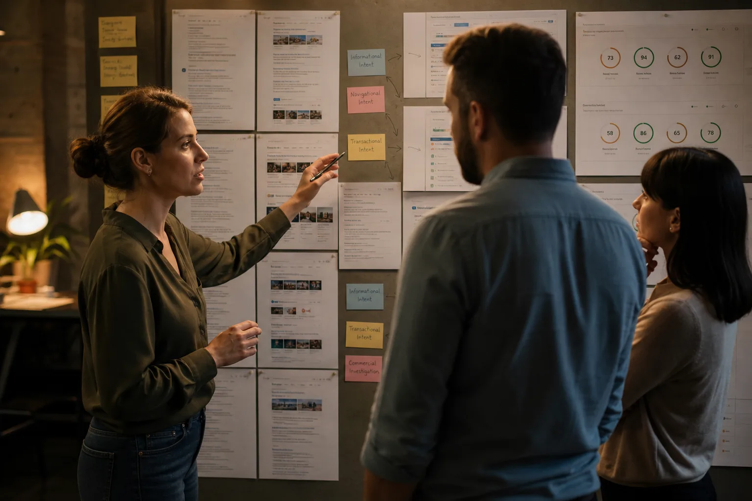 Specialists briefing a colleague on printed SERPs and Core Web Vitals boards for the SXO specialist role