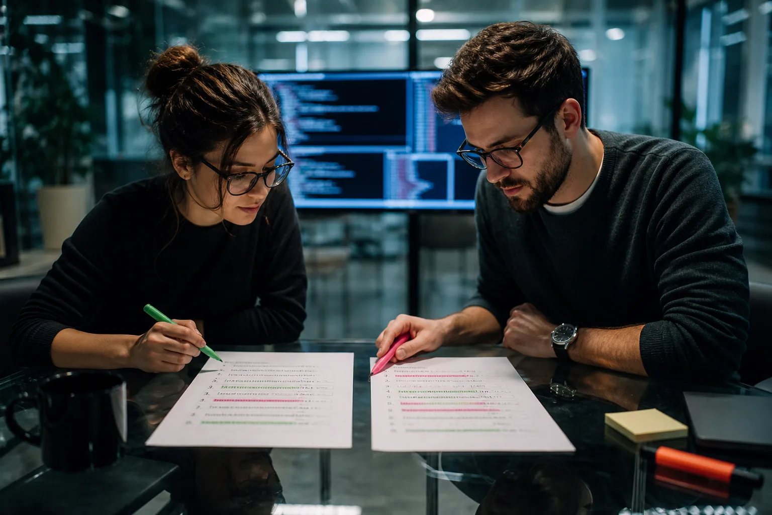Engineers comparing two organic top-10 URL lists on a glass table as a serp similarity tool Jaccard overlap exercise
